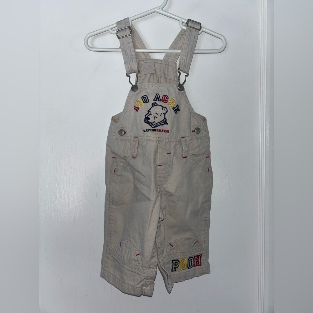 VTG Disney 100 Acre Wood Pooh Overalls Shortalls Embroidered Kids 6/9 Months Tan